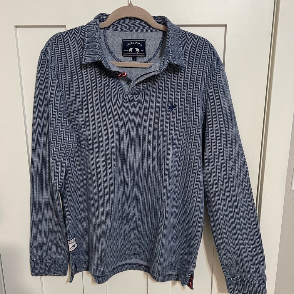 Peter Polo Casual Long Sleeve Polo Shirt Blue Chevron 100% Cotton Size Large